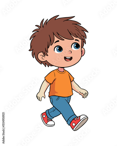Happy Little Boy Walking Forward Vector Illustration