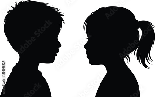 Black Silhouette of Boy and Girl Facing Each Other

