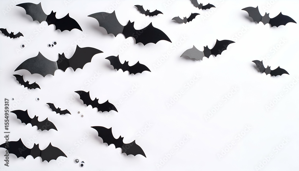 Fototapeta premium Black paper bats arranged on a white background creating a decorative Halloween scene.
