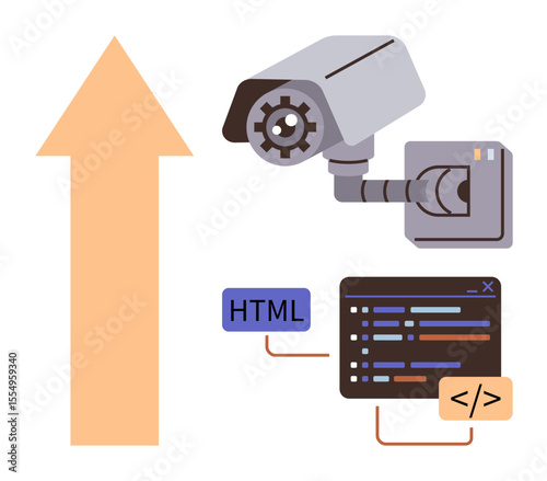 Security camera paired with coding interface showcasing HTML and development codes beside upward arrow. Ideal for technology, programming, innovation, data growth, analytics, surveillance, software