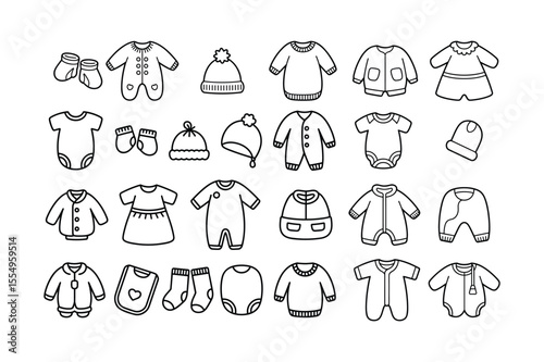 Black and White Baby Clothes Icon Set Onesies Bodysuits Hats Socks Mittens vector