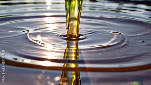 Golden liquid pouring into water in slow motion, creating mesmerizing ripples, reflections, and splash effects with shimmering surface and fluid stream, evoking calmness and elegance
