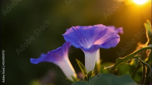 Serene outdoor scene featuring vibrant purple flowers bathed morning sunlight, highlighting soft petals and lush green leaves, creating warm, peaceful atmosphere infused with natural beauty