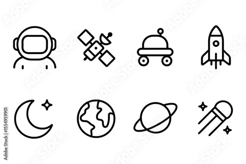 Space exploration icons featuring astronaut, rocket, satellite, and celestial elements, vector illustration