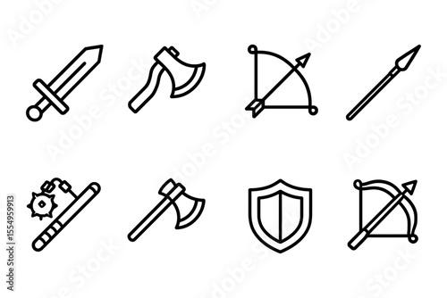 Medieval weaponry icons set featuring swords, axes, bows, and shields, vector illustration