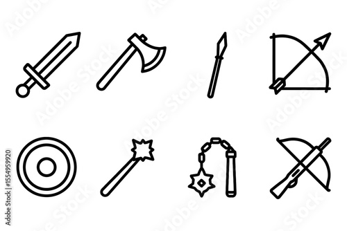 Medieval weapons icon set featuring sword, axe, spear, and bow, vector illustration