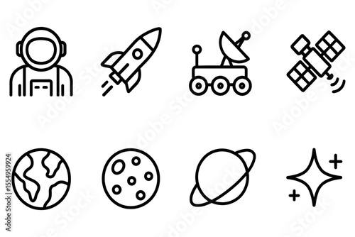 Space exploration icons set featuring astronaut, rocket, and satellite, vector illustration