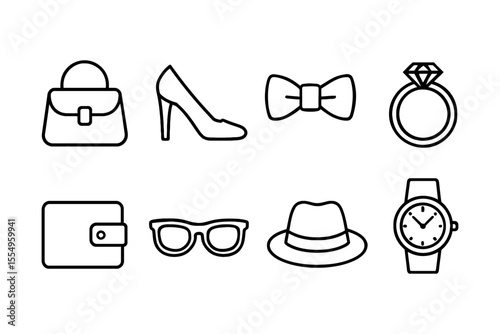 Fashion and accessory icons featuring shoes, jewelry, and more, vector illustration