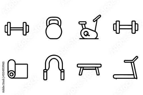 Fitness equipment icons featuring dumbbell, kettlebell, and treadmill, vector illustration