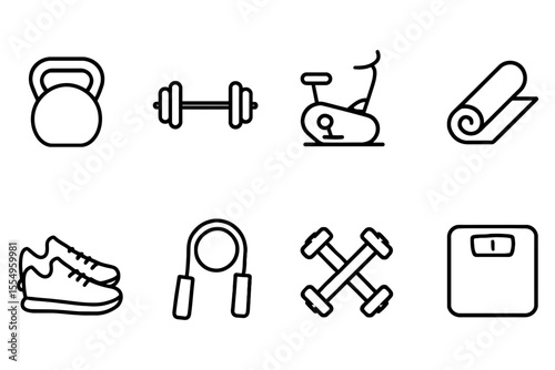 Fitness equipment icons set featuring kettlebell dumbbells treadmill vector illustration