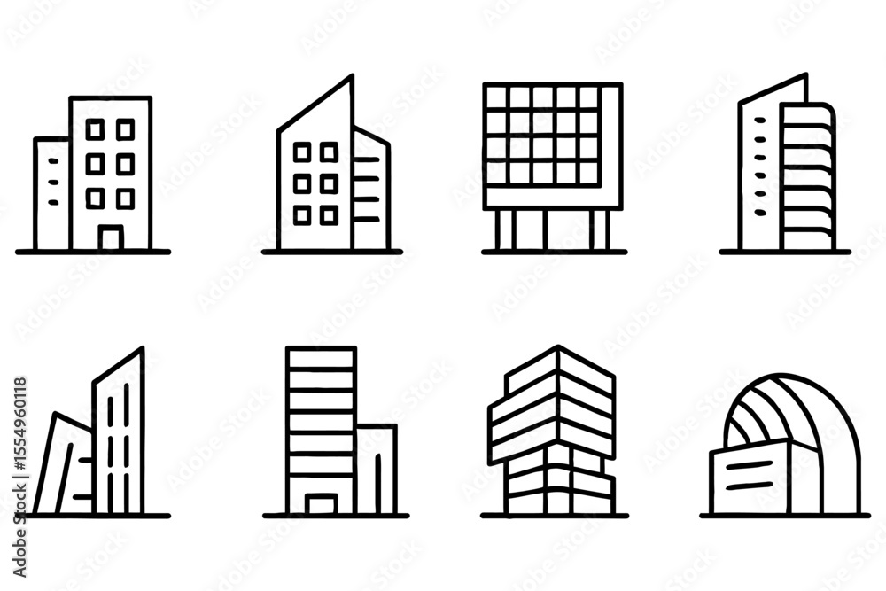 Fototapeta premium Modern architectural building icons set with minimalist line design, vector illustration