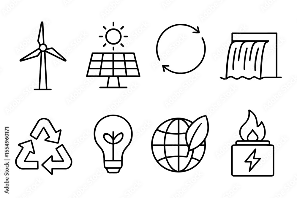 Naklejka premium Sustainable energy icons: wind, solar, recycling, global renewable concepts, vector illustration