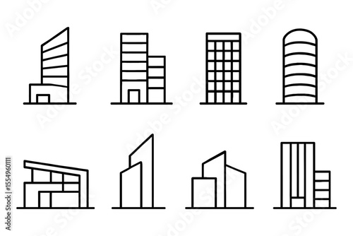 Modern architectural building icons set in line art style, vector illustration