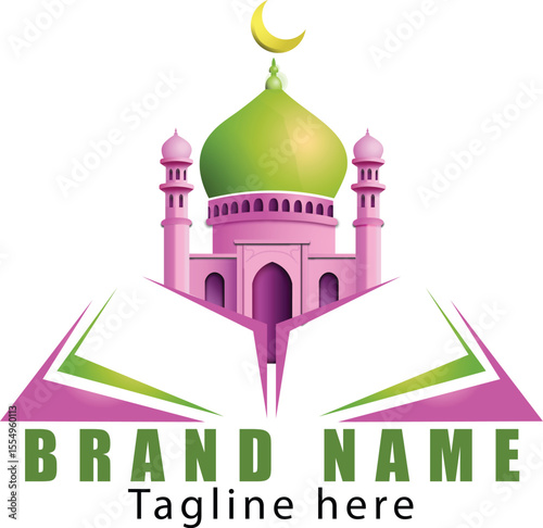 Islamic Book store Logo Vector with Mosque and Holy Book