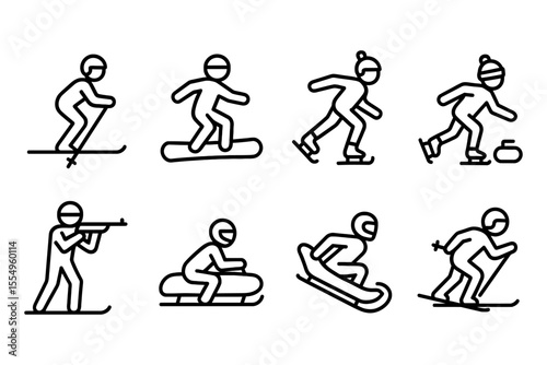 Winter sports activities line icons featuring skiing, snowboarding, and ice skating, vector illustration