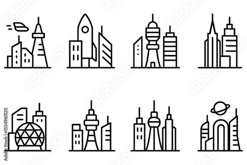 Futuristic urban skylines with iconic modern buildings, vector illustration