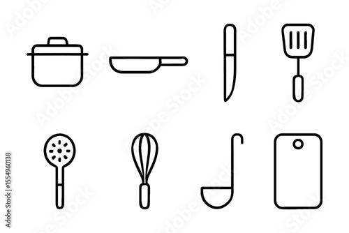 Minimalist kitchen utensils collection featuring essential cooking tools, vector illustration