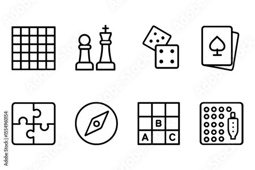 Diverse collection of popular board games and puzzles icons, vector illustration