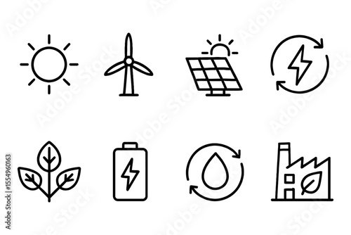 Renewable energy and sustainable technology icons featuring solar, wind, and eco-friendly solutions, vector illustration