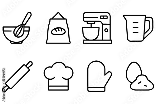 Baking essentials line icons set featuring mixer and baking tools, vector illustration