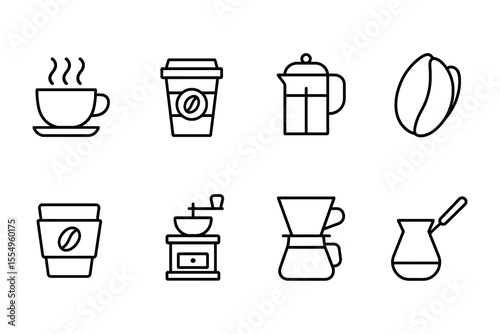 Coffee icons collection featuring cups, beans, grinder, and coffee maker in line art style, vector illustration