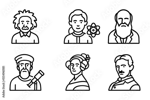 Famous scientists and inventors icons set in simple line style, vector illustration
