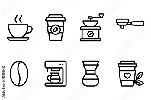 Coffee icons set featuring brewing tools and takeaway cups, vector illustration