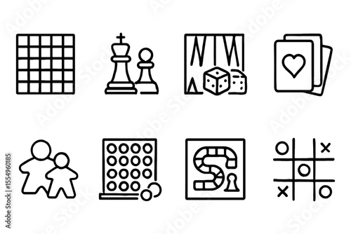 Classic board and card games icon set featuring chess, cards, tic tac toe, vector illustration