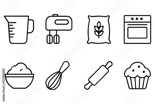Baking essentials icons: mixer, measuring cup, and oven, vector illustration