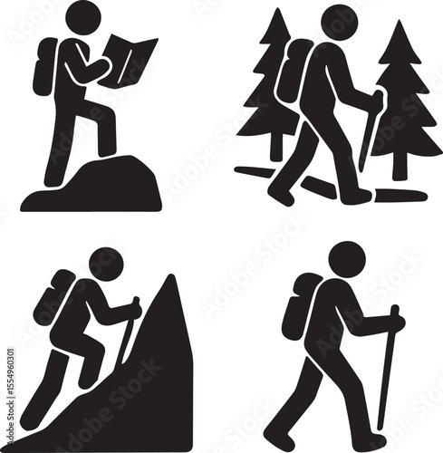 Minimalist Black and White Icons of Hikers in Various Outdoor Activities Vector
