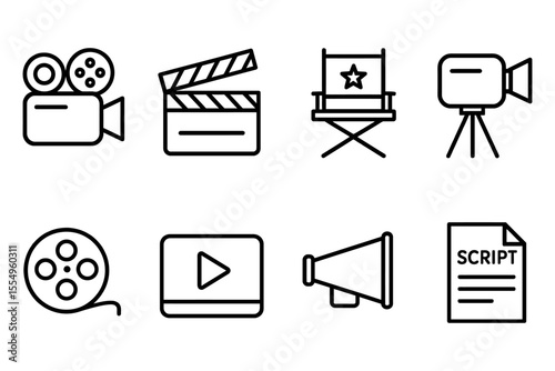 Movie making elements featuring camera, clapperboard, director's chair, and film reel, vector illustration
