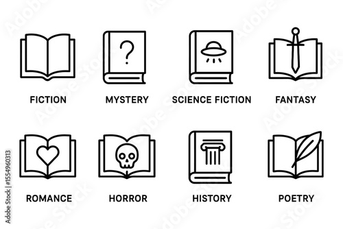 Iconic representation of book genres including fiction, mystery, and science fiction in minimalistic style, vector illustration