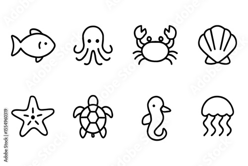 Marine life outlines featuring fish, octopus, crab, and more, vector illustration