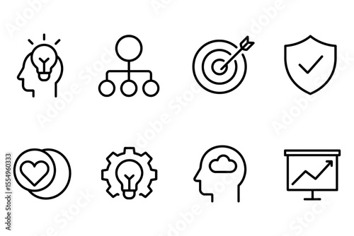 Business strategy and innovation icons: idea, chart, goal, protection, vector illustration