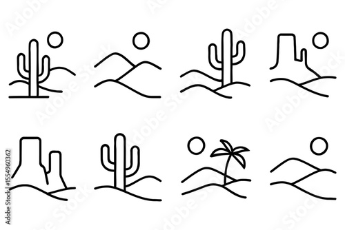 Minimalist desert landscapes with cactus and mountain line drawings, vector illustration