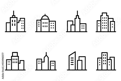Minimalist cityscape building set featuring urban skylines in line art style, vector illustration