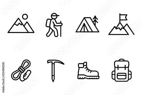 Outdoor adventure icons featuring hiking, camping, and climbing gear, vector illustration
