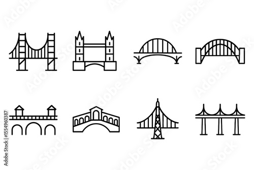 Minimalist icon set of famous bridges around the world, vector illustration