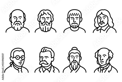 Famous philosophers and thinkers line art portraits, vector illustration