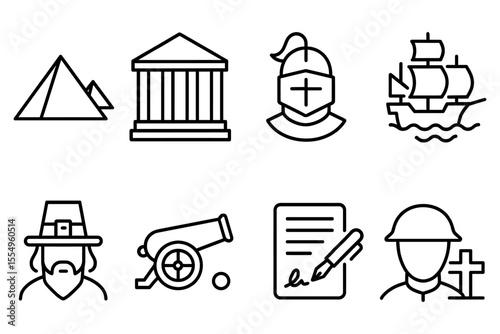 Historical icons collection featuring pyramids, ancient architecture, medieval knight, and colonial ship, vector illustration
