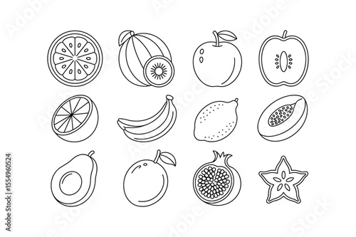 Black and White Fruit Icon Set Line Art Graphics Simple Fruit Illustrations Whole and Halved Designs