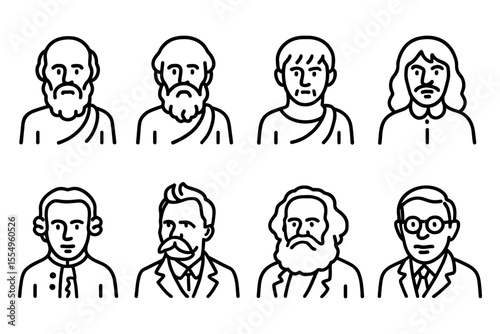 Famous philosophers and thinkers outline portraits collection, vector illustration