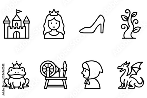 Fairy tale elements with princess, castle, and dragon, vector illustration