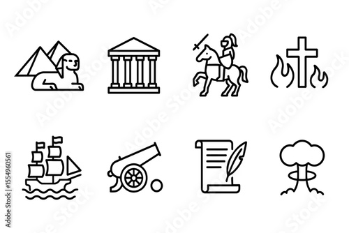 Historical and cultural icons collection featuring ancient, religious, and military symbols, vector illustration
