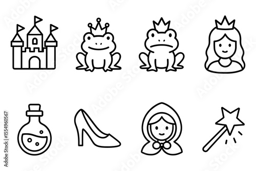 Enchanted fairy tale elements with princess, frog, and castle, vector illustration