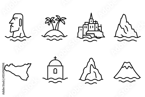 Island and travel icons featuring monuments and landmarks, vector illustration