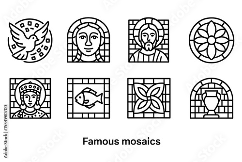Artistic interpretation of famous mosaics featuring religious and cultural symbols, vector illustration