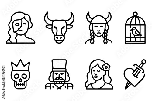 Diverse icon set featuring mythical and historical elements, vector illustration