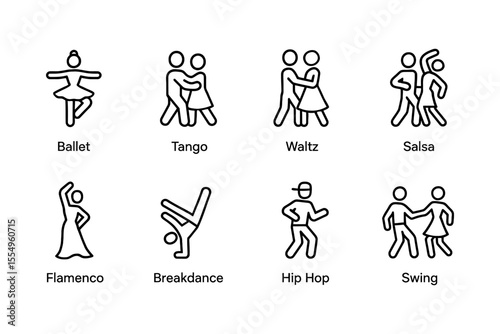 Diverse dance styles illustrated: ballet, tango, waltz, salsa, flamenco, breakdance, hip hop, and swing, vector illustration