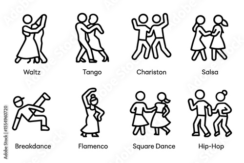 Dance styles collection featuring waltz, tango, salsa, and more, vector illustration